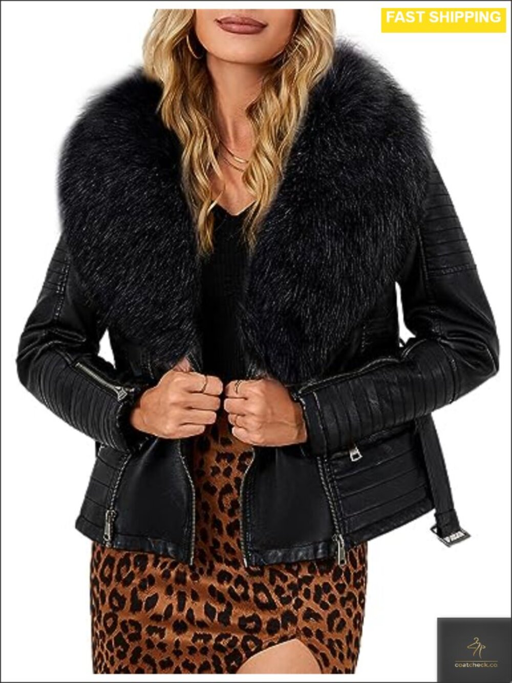 Faux Leather Moto Jacket Sherpa-Lined Removable Fur Collar Belted Coat